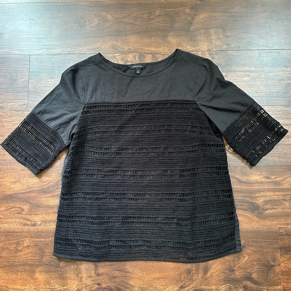 🔴BANANA REPUBLIC Black Netted Open Stitch Shirt